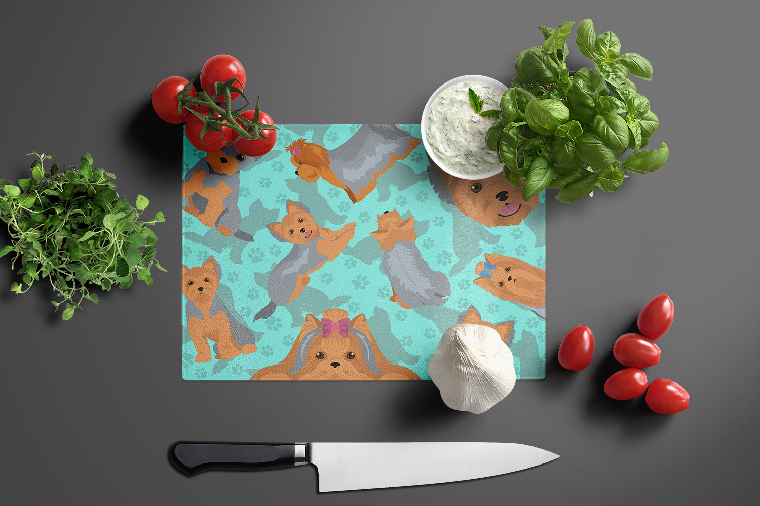 Blue and Tan Yorkie Glass Cutting Board Large - the-store.com