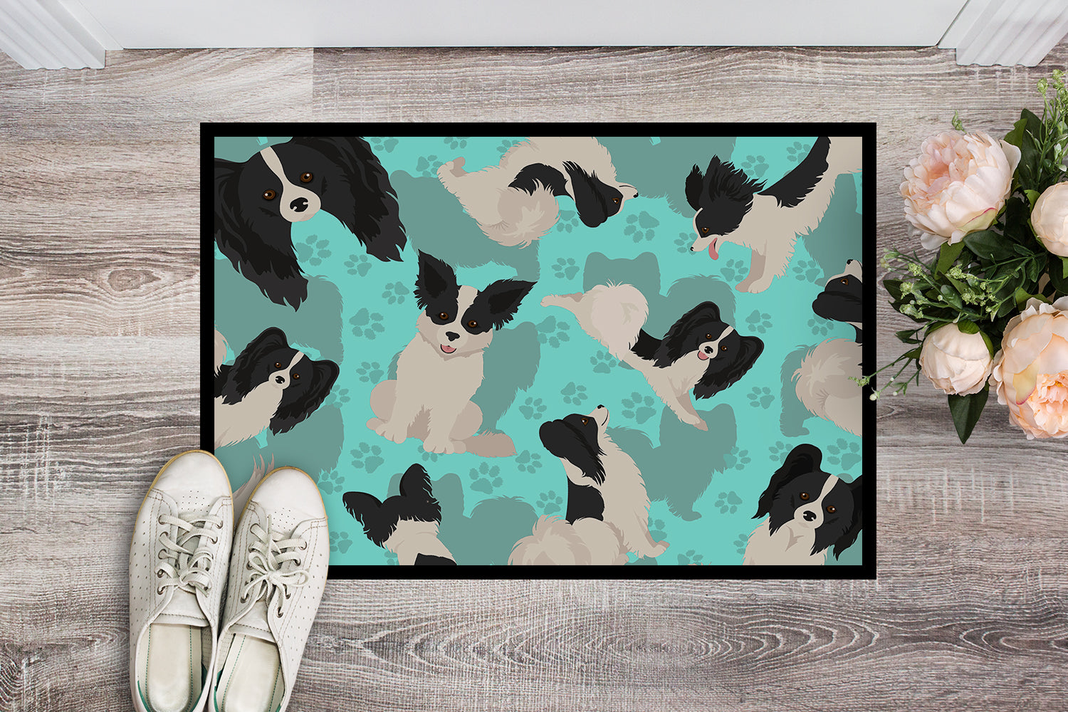 Buy this Black and Whtie Papillon Indoor or Outdoor Mat 24x36