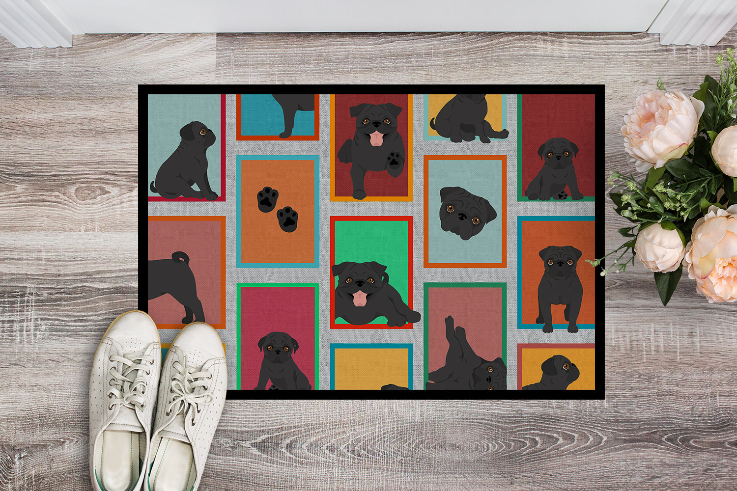 Lots of Black Pug Indoor or Outdoor Mat 24x36 - the-store.com