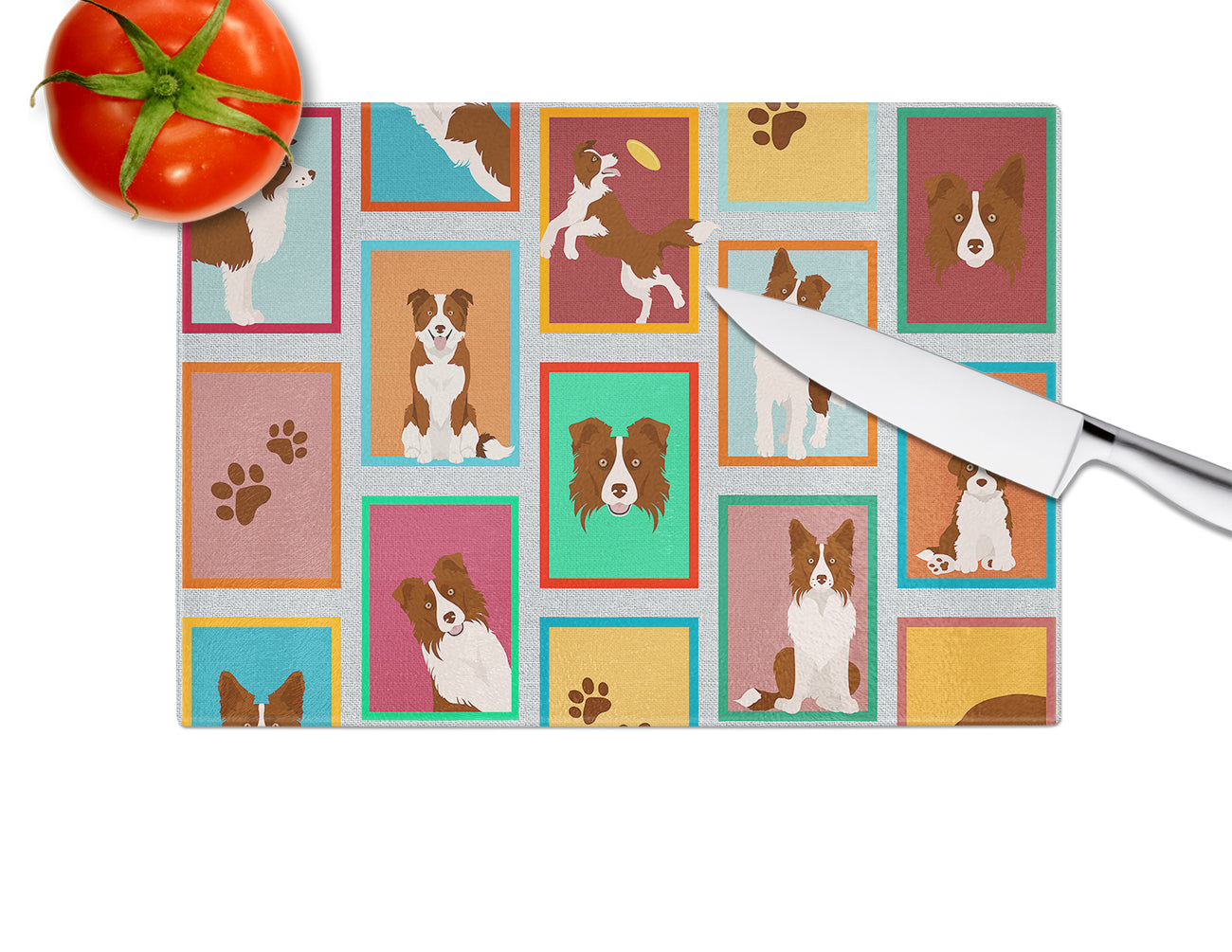 Lots of Red Border Collie Glass Cutting Board Large - the-store.com