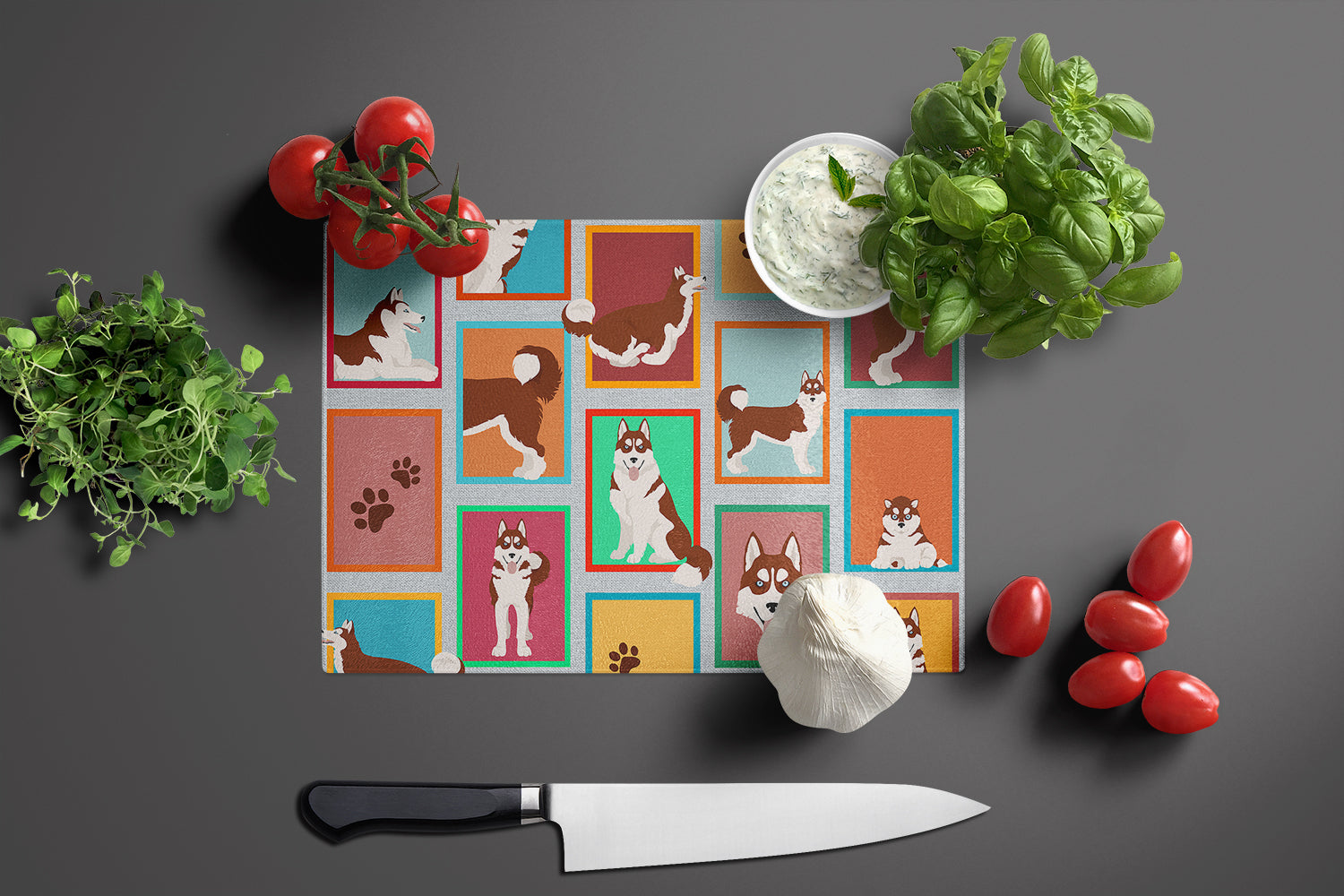 Lots of Red Siberian Husky Glass Cutting Board Large - the-store.com