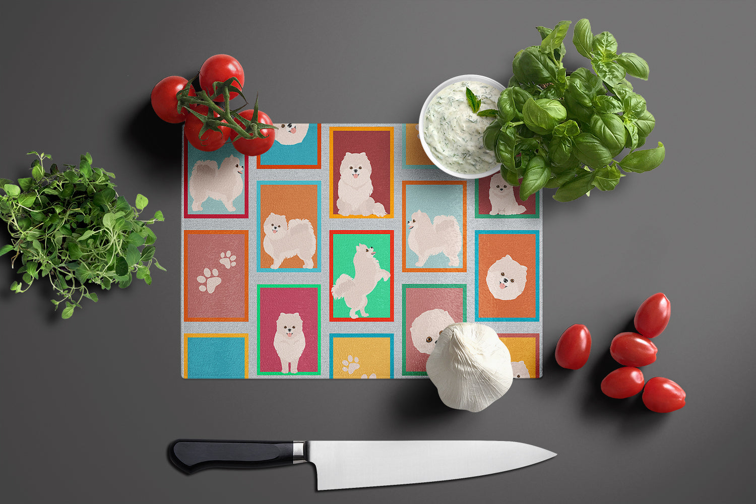 Lots of White Pomeranian Glass Cutting Board Large - the-store.com