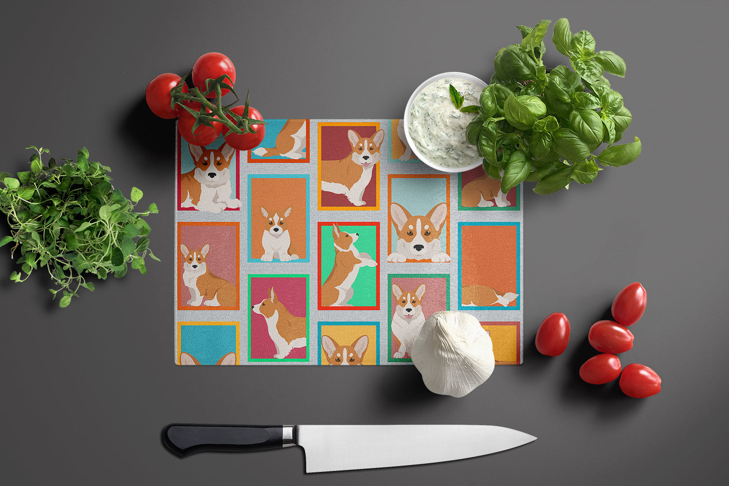 Lots of Red Cardigan Corgi Glass Cutting Board Large - the-store.com