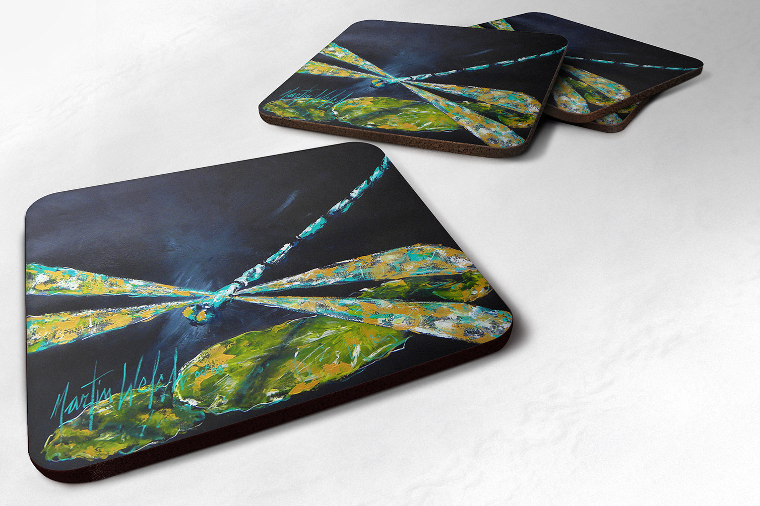 Set of 4 Insect - Dragonfly Night Flight Dark Blue Foam Coasters - the-store.com