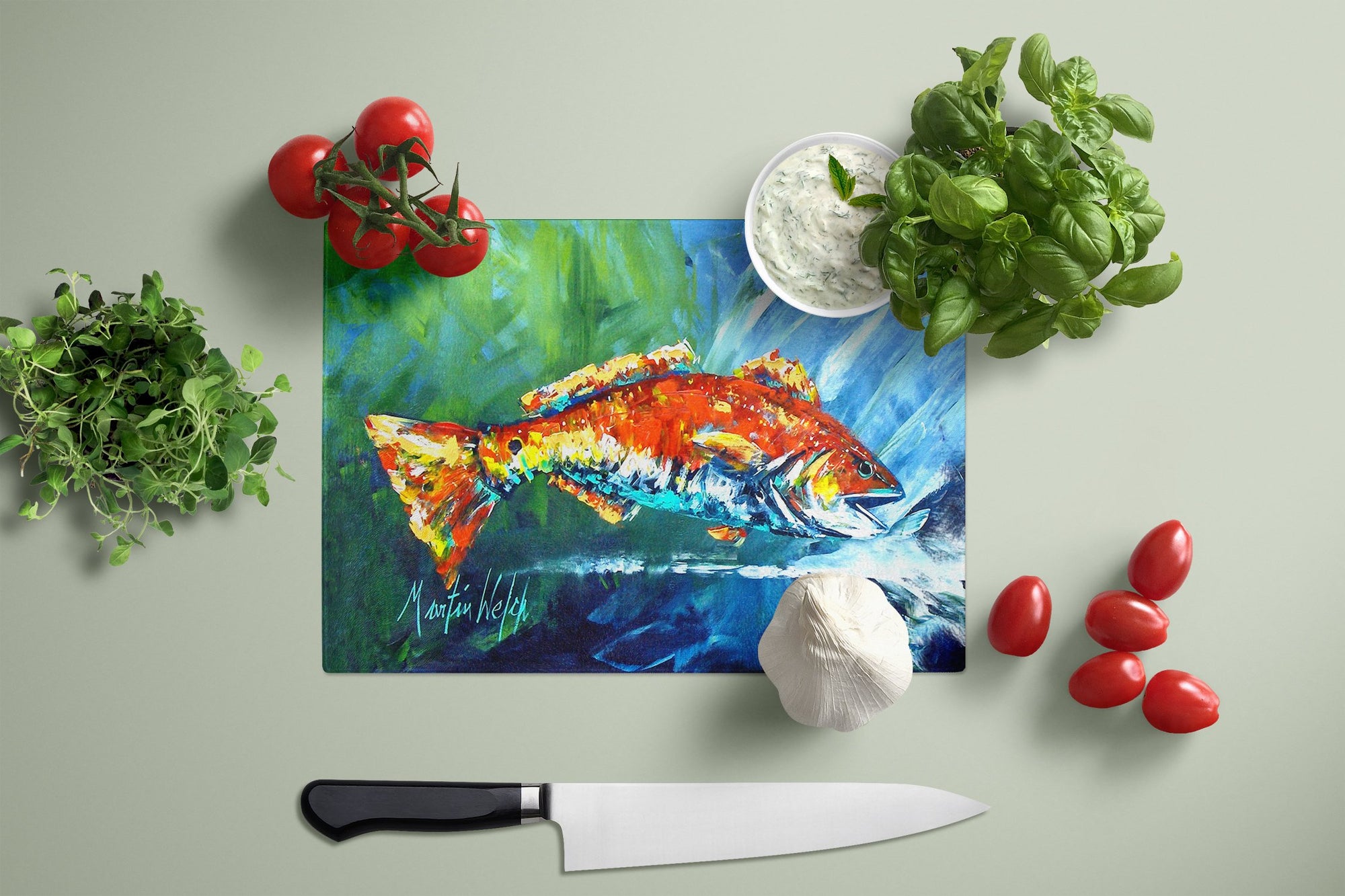 Break Through Red Fish Glass Cutting Board Large MW1270LCB by Caroline's Treasures