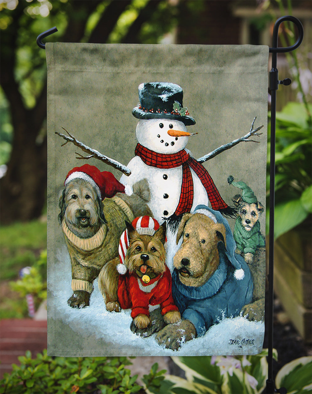 Gather your Friends Snowman with Dogs Flag Garden Size  the-store.com.