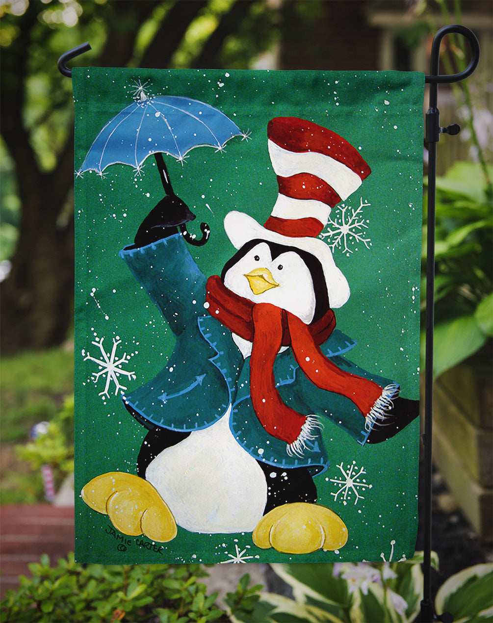 Just Dropping In To Say Hello Christmas Penguin  Flag Garden Size PJC1015GF  the-store.com.