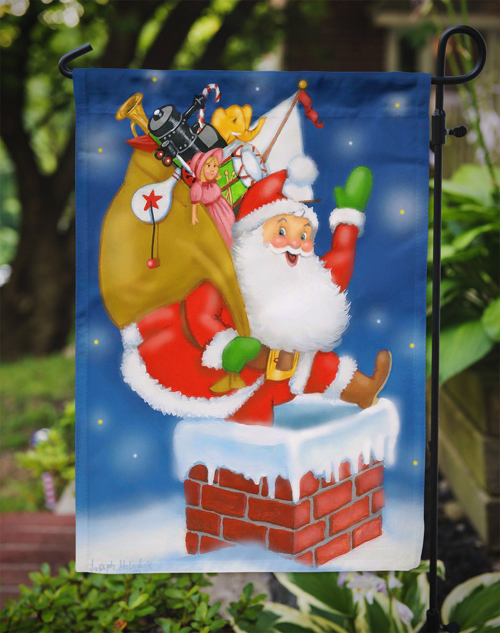 Santa Claus Down the Chimney Flag Garden Size PJH3010GF  the-store.com.