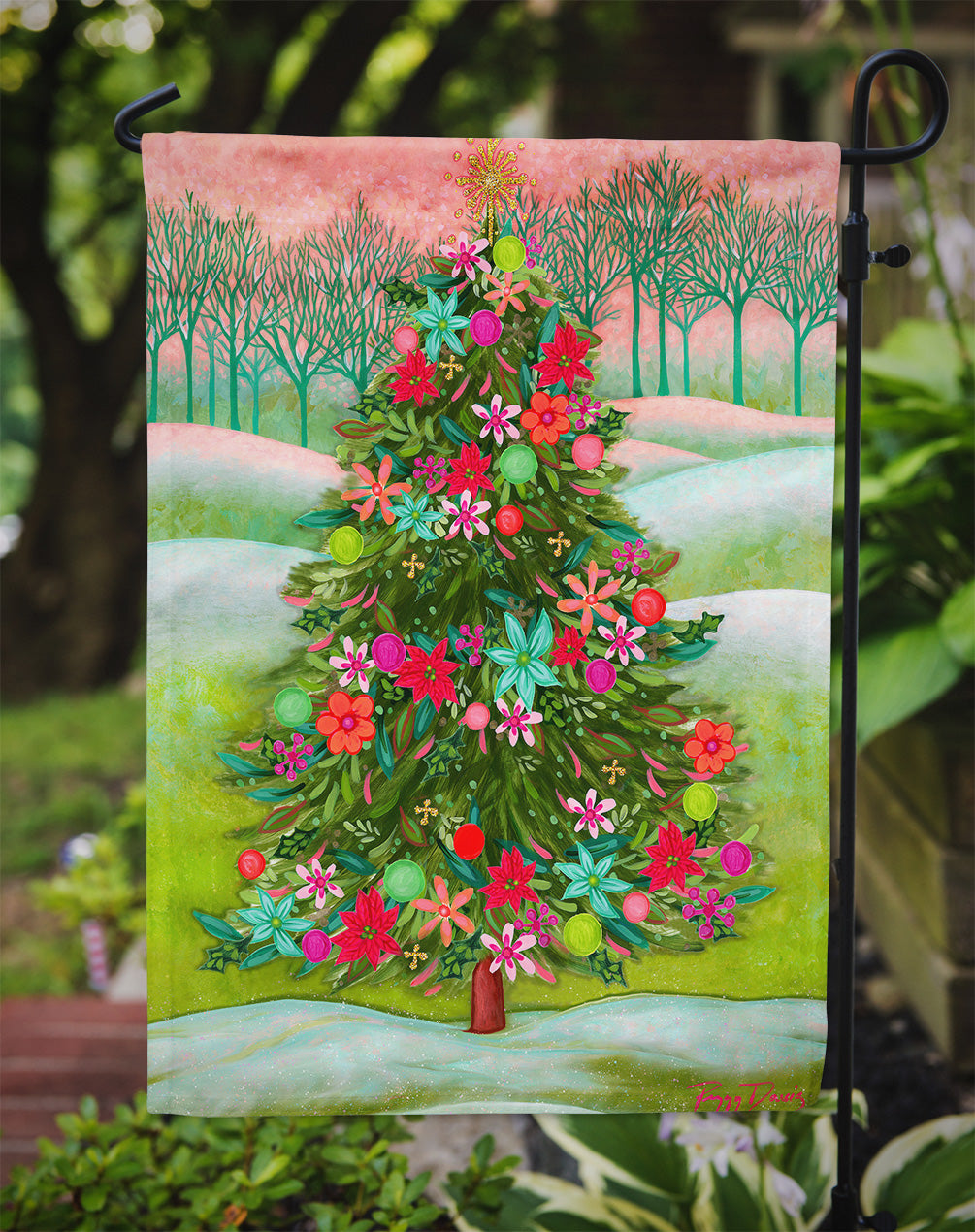 Poinsetta Oh Christmas Tree Flag Garden Size PPD3007GF  the-store.com.