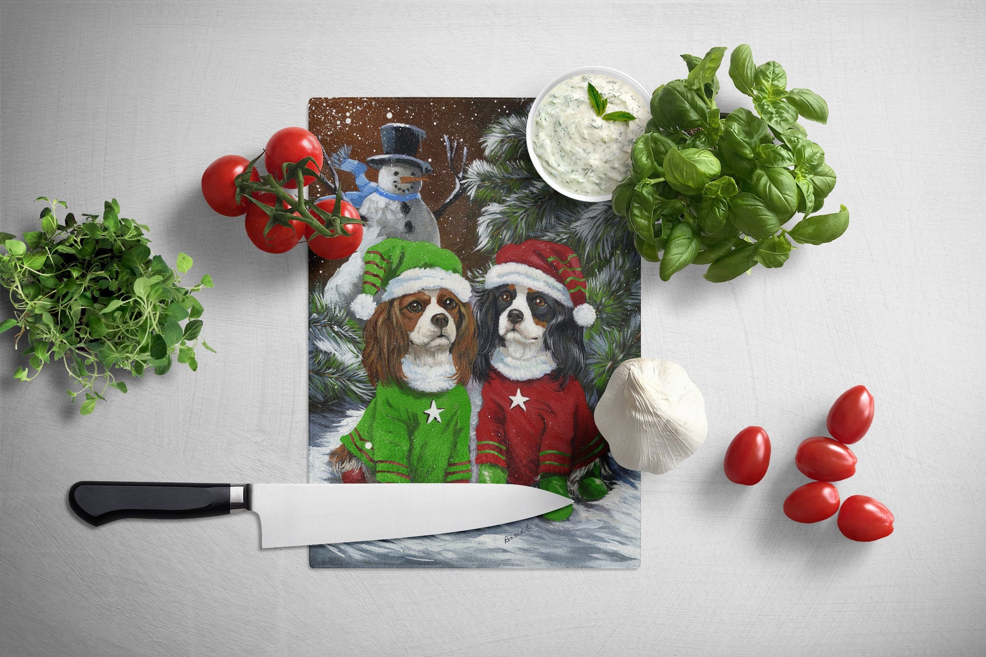 Cavalier Spaniel Snowman Christmas Glass Cutting Board Large PPP3067LCB by Caroline's Treasures