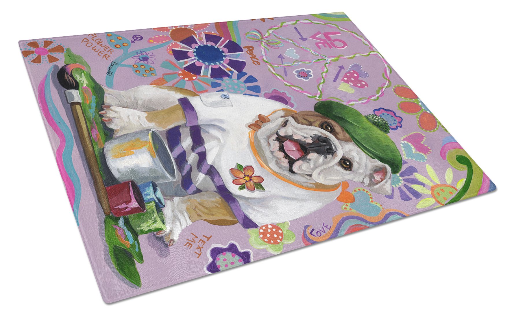 English Bulldog Flower Power Glass Cutting Board Large PPP3091LCB by Caroline's Treasures