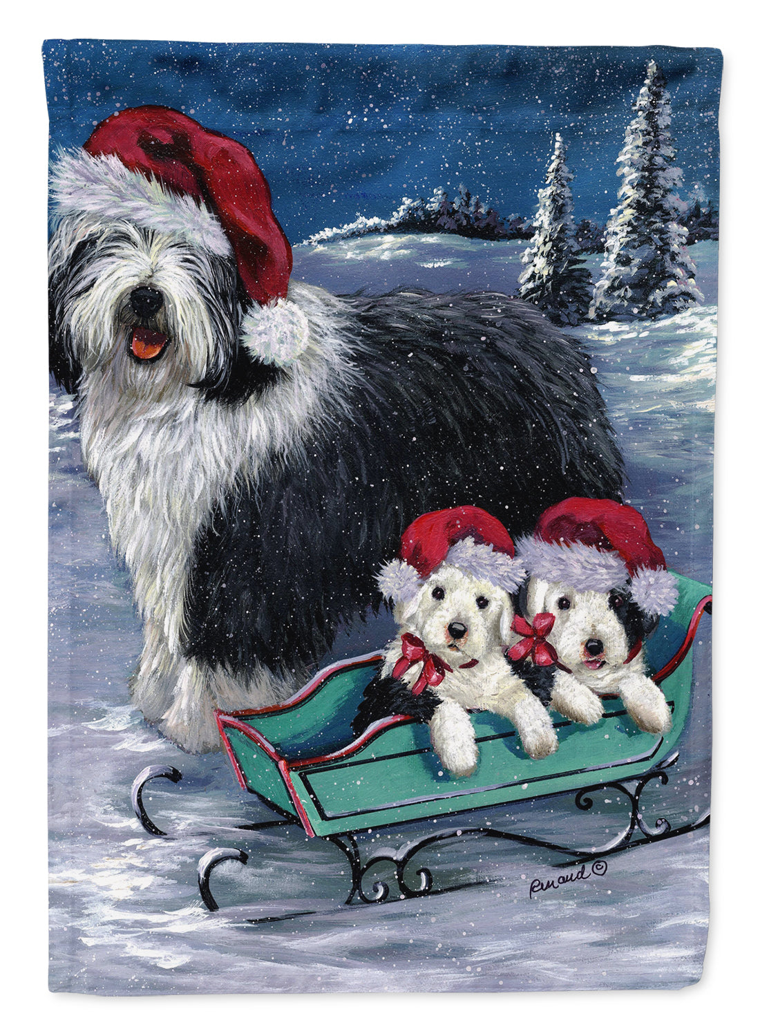 Old English Sheepdog Christmas Snow Flag Garden Size PPP3120GF  the-store.com.