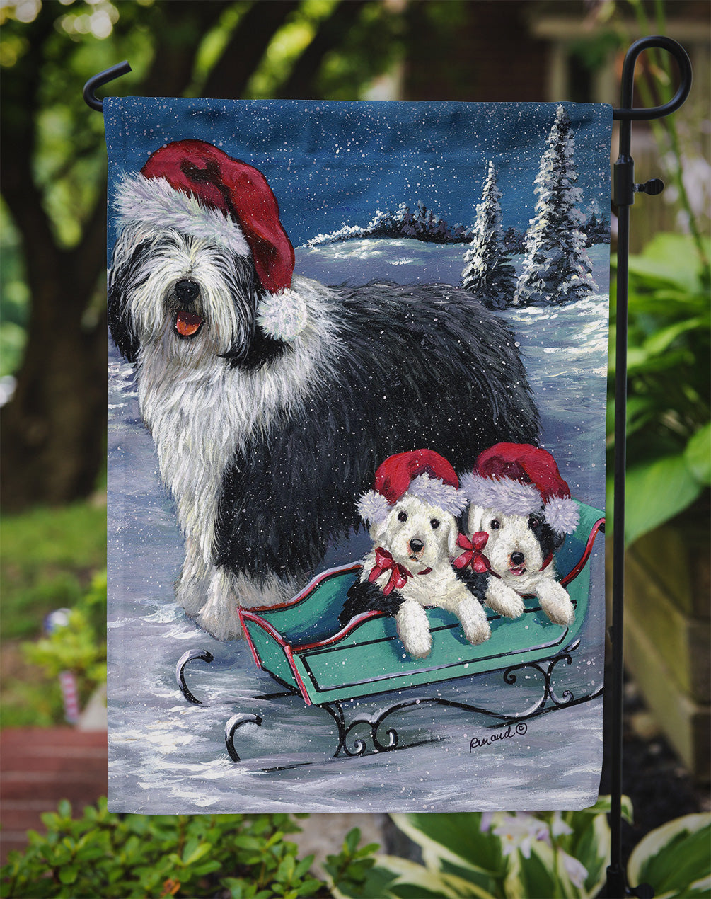 Old English Sheepdog Christmas Snow Flag Garden Size PPP3120GF  the-store.com.