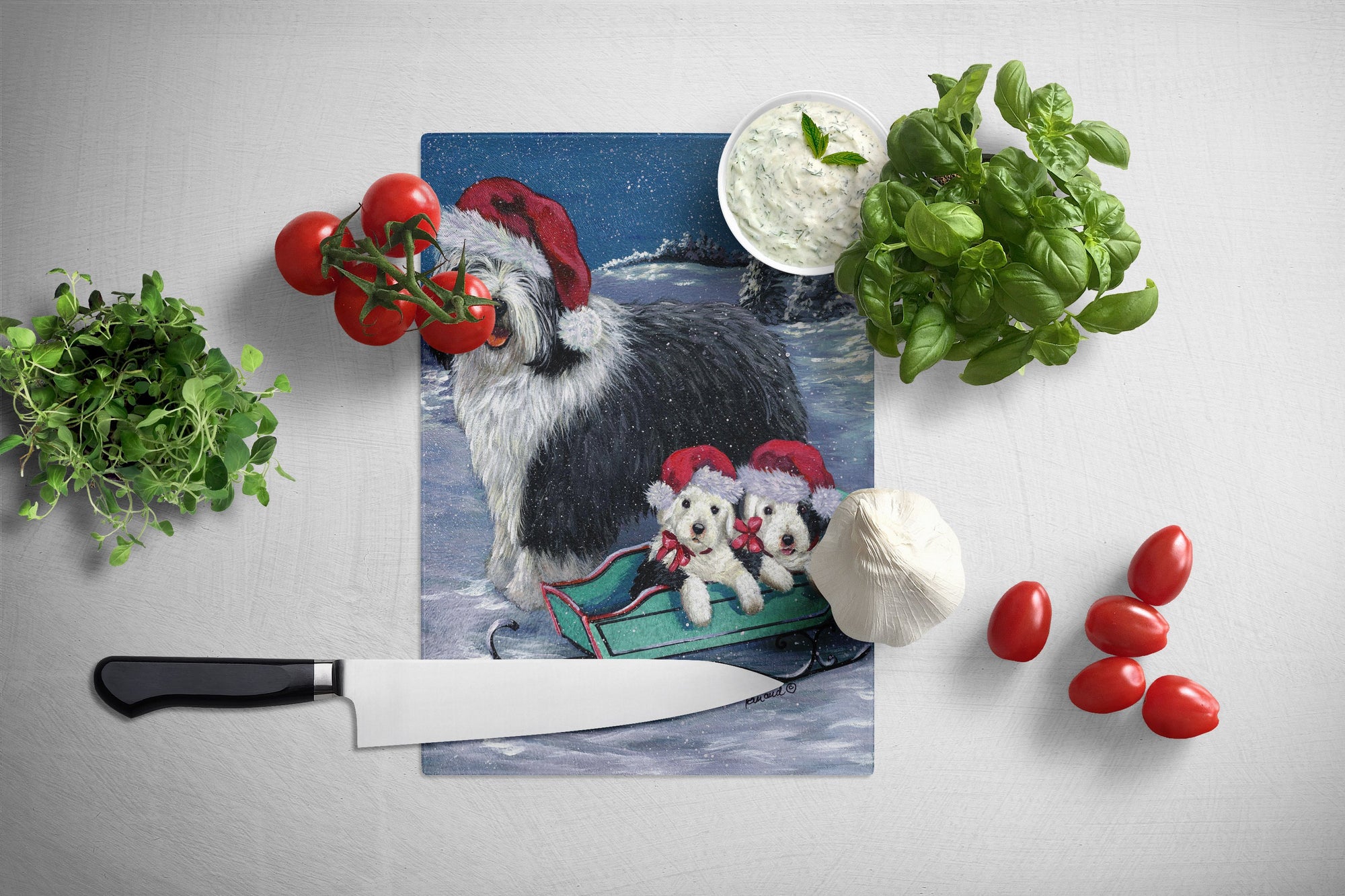 Old English Sheepdog Christmas Snow Glass Cutting Board Large PPP3120LCB by Caroline's Treasures