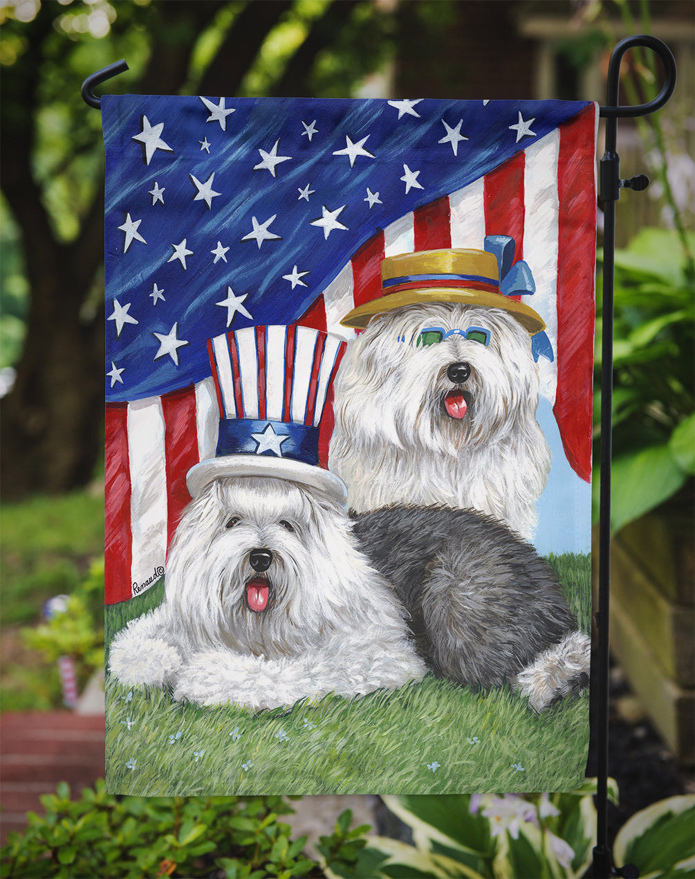 Old English Sheepdog USA Flag Garden Size PPP3121GF  the-store.com.