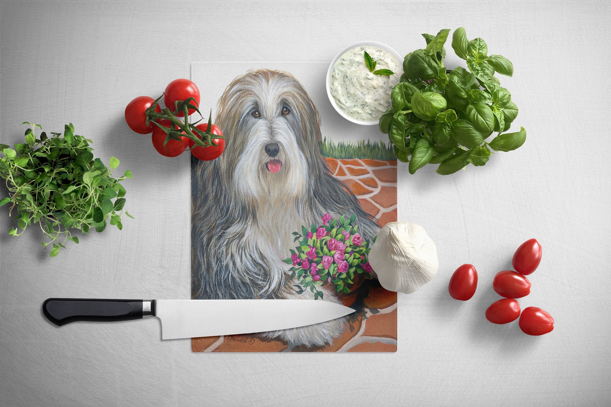 Bearded Collie Pot of Roses Glass Cutting Board Large PPP3141LCB by Caroline's Treasures