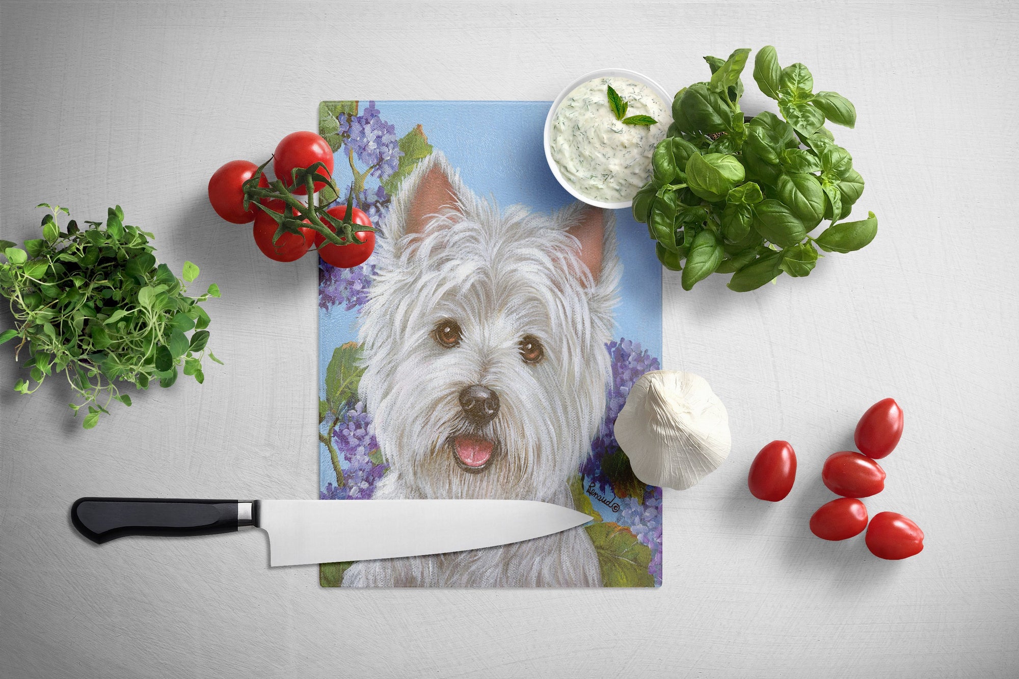 Westie Hydrangea Glass Cutting Board Large PPP3210LCB by Caroline's Treasures