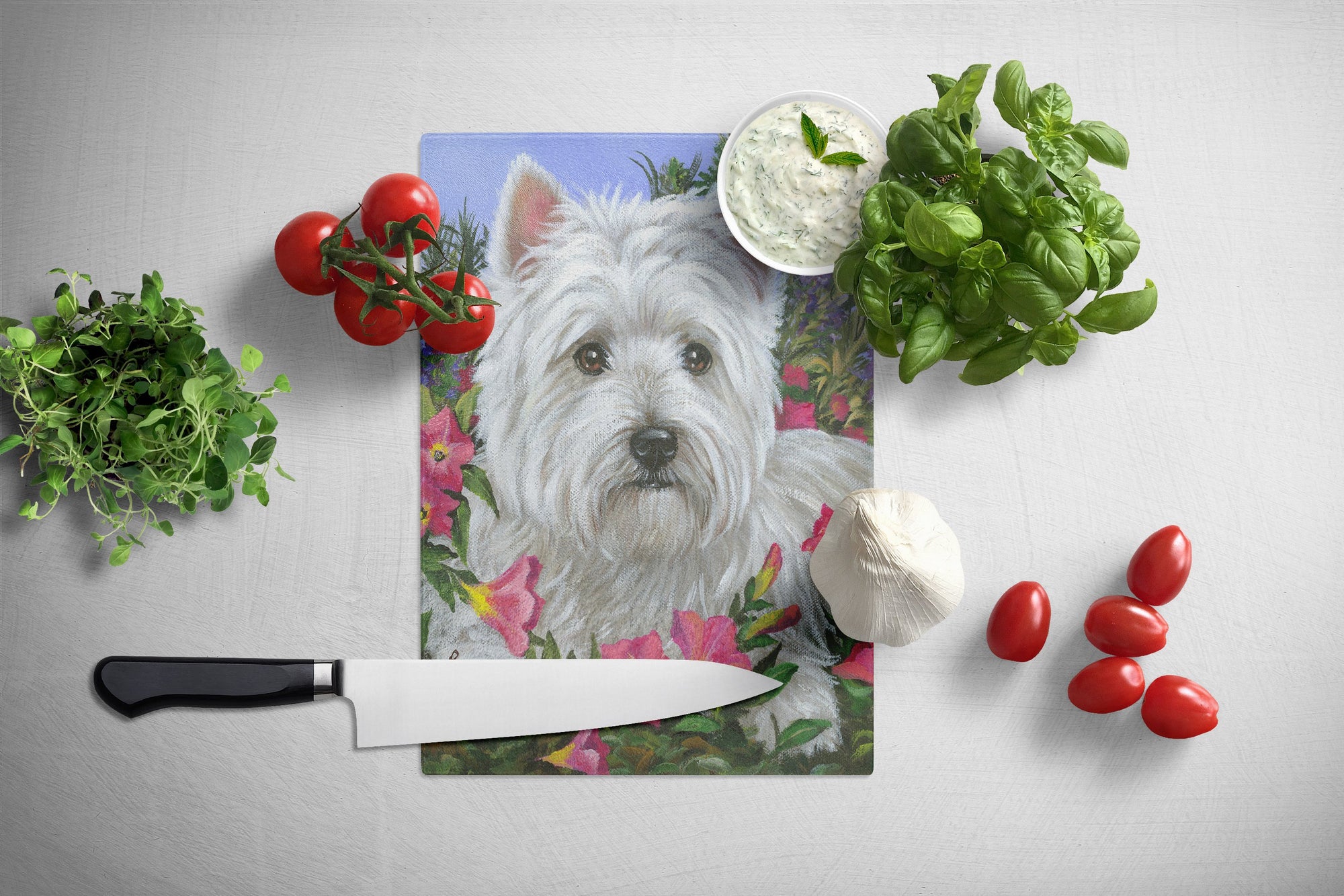 Westie Petunia Glass Cutting Board Large PPP3221LCB by Caroline's Treasures