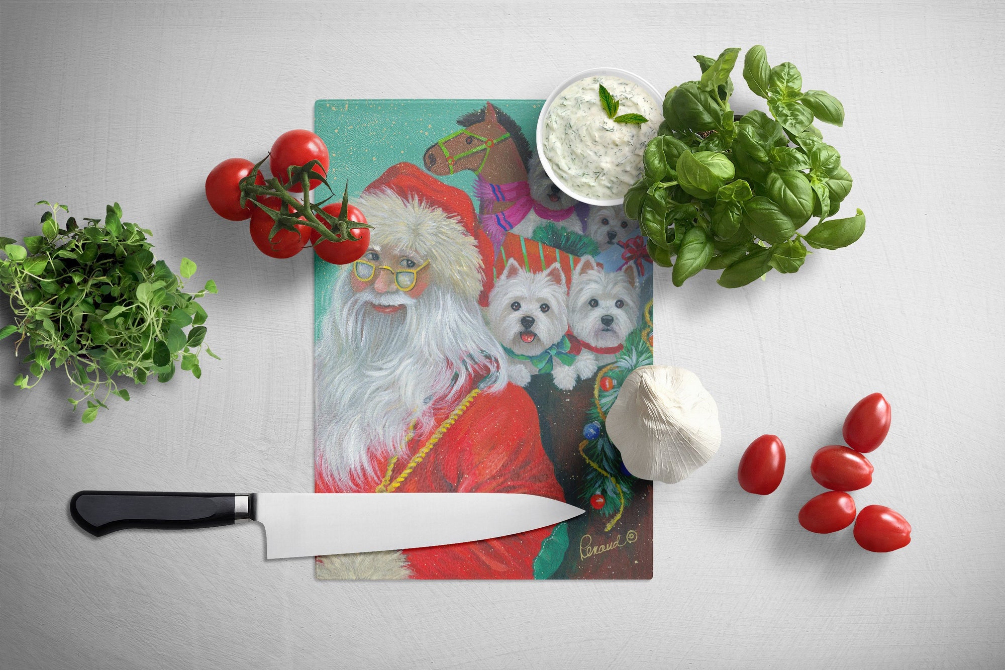 Westie Christmas Santa's Westies Glass Cutting Board Large PPP3229LCB by Caroline's Treasures