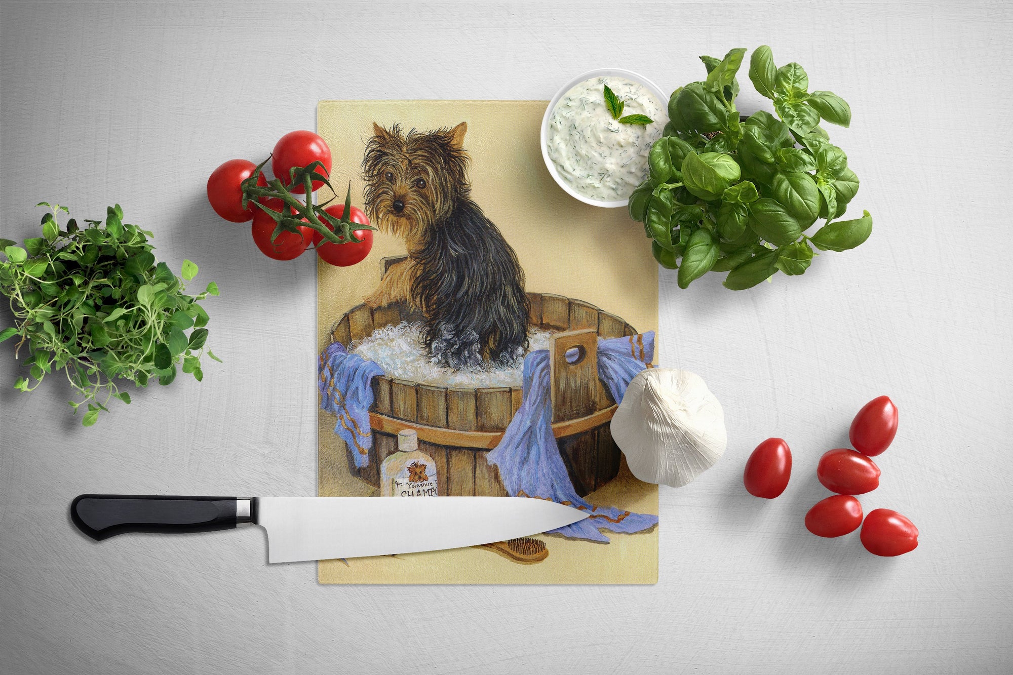 Yorkie Bath Time Glass Cutting Board Large PPP3244LCB by Caroline's Treasures