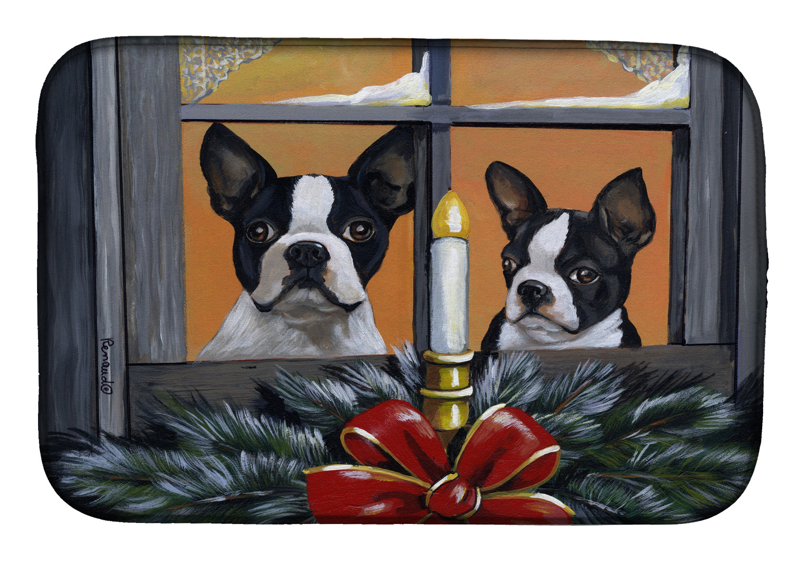 Boston Terrier Looking for Santa Christmas Dish Drying Mat PPP3248DDM  the-store.com.