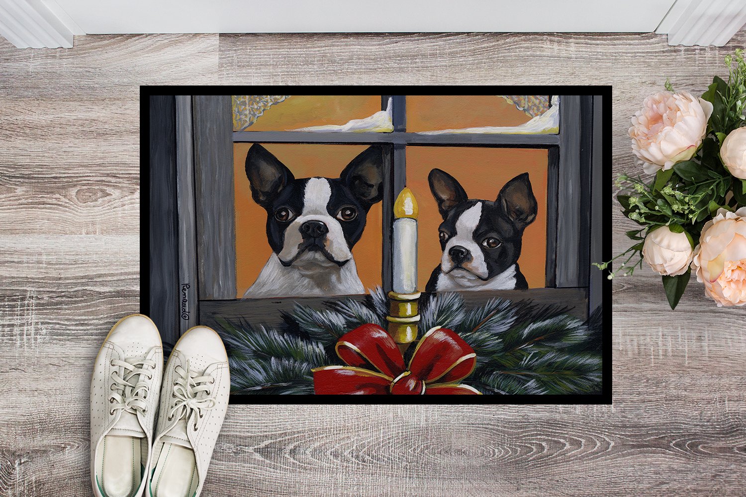 Boston Terrier Looking for Santa Christmas Indoor or Outdoor Mat 24x36 PPP3248JMAT by Caroline's Treasures