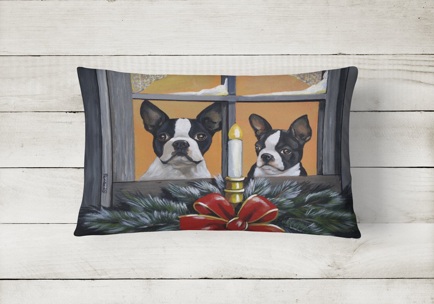 Buy this Boston Terrier Looking for Santa Christmas Canvas Fabric Decorative Pillow PPP3248PW1216