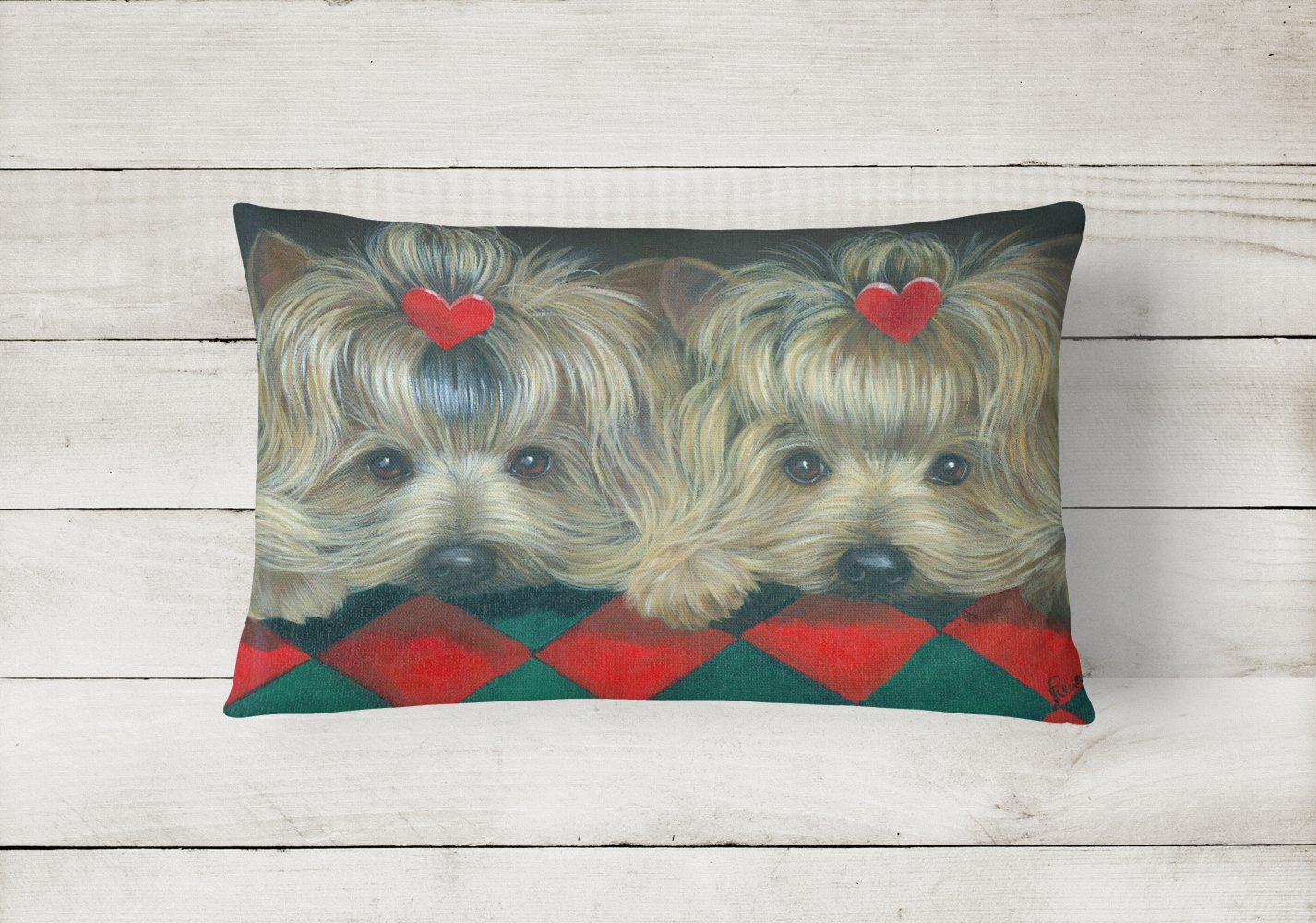 Buy this Yorkshire Terrier Yorkie 2 Hearts Canvas Fabric Decorative Pillow PPP3290PW1216