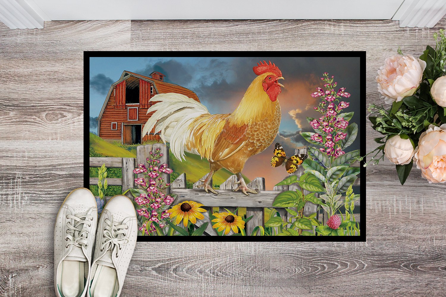 Yellow Rooster Greeting the Day Indoor or Outdoor Mat 24x36 PRS4024JMAT by Caroline's Treasures