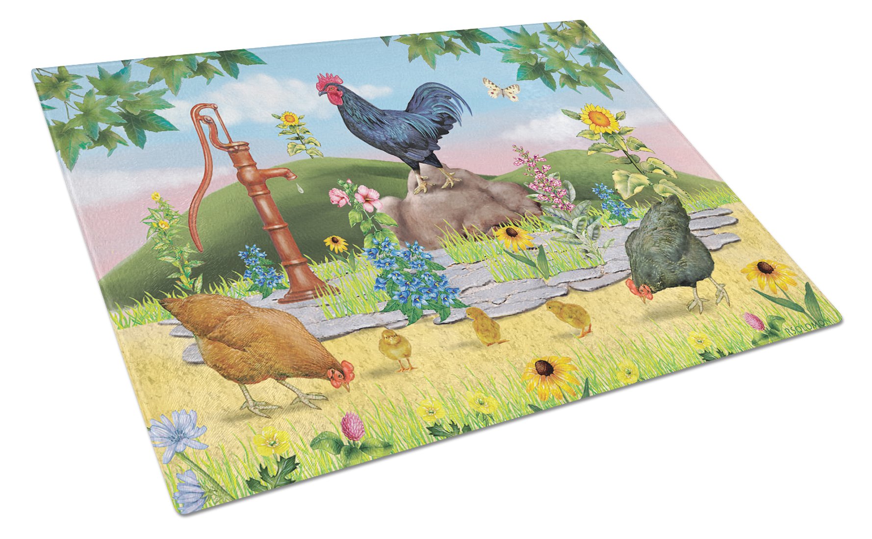 Rooster And Water Pump Glass Cutting Board Large PRS4039LCB by Caroline's Treasures