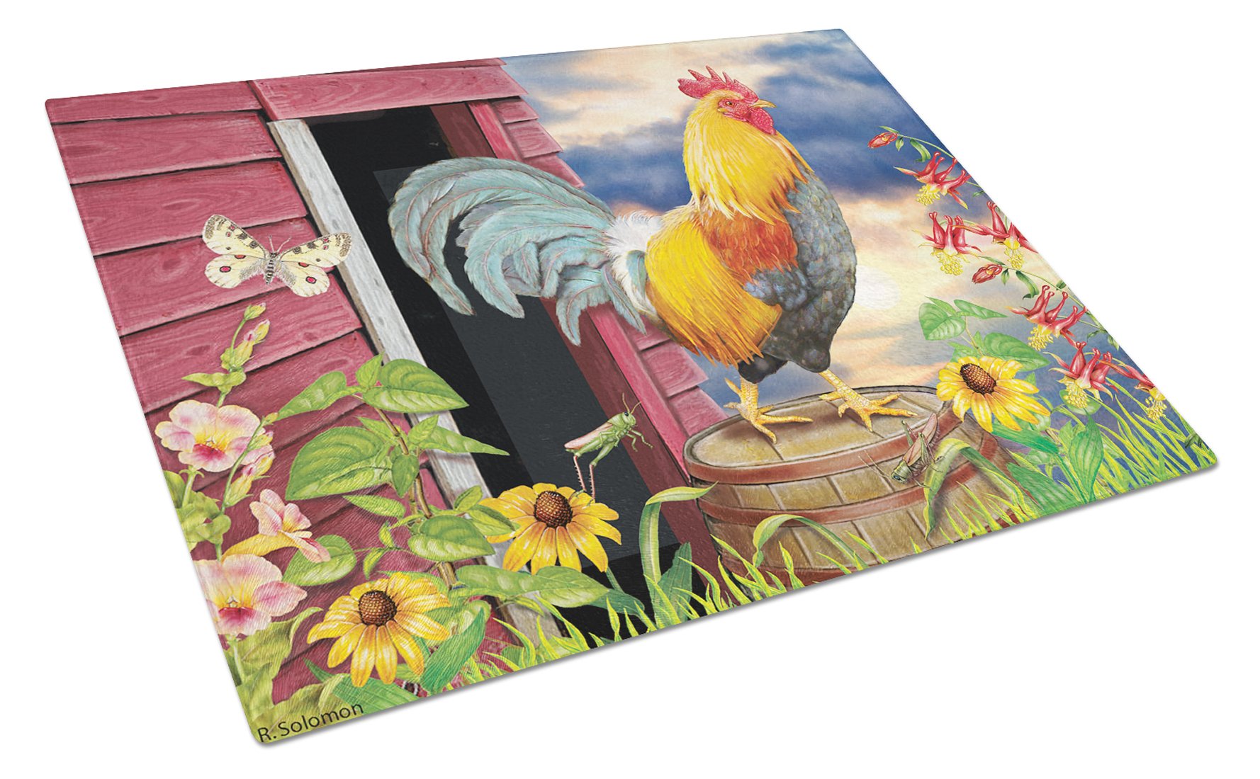 Rooster Barnyard Morning Glass Cutting Board Large PRS4061LCB by Caroline's Treasures