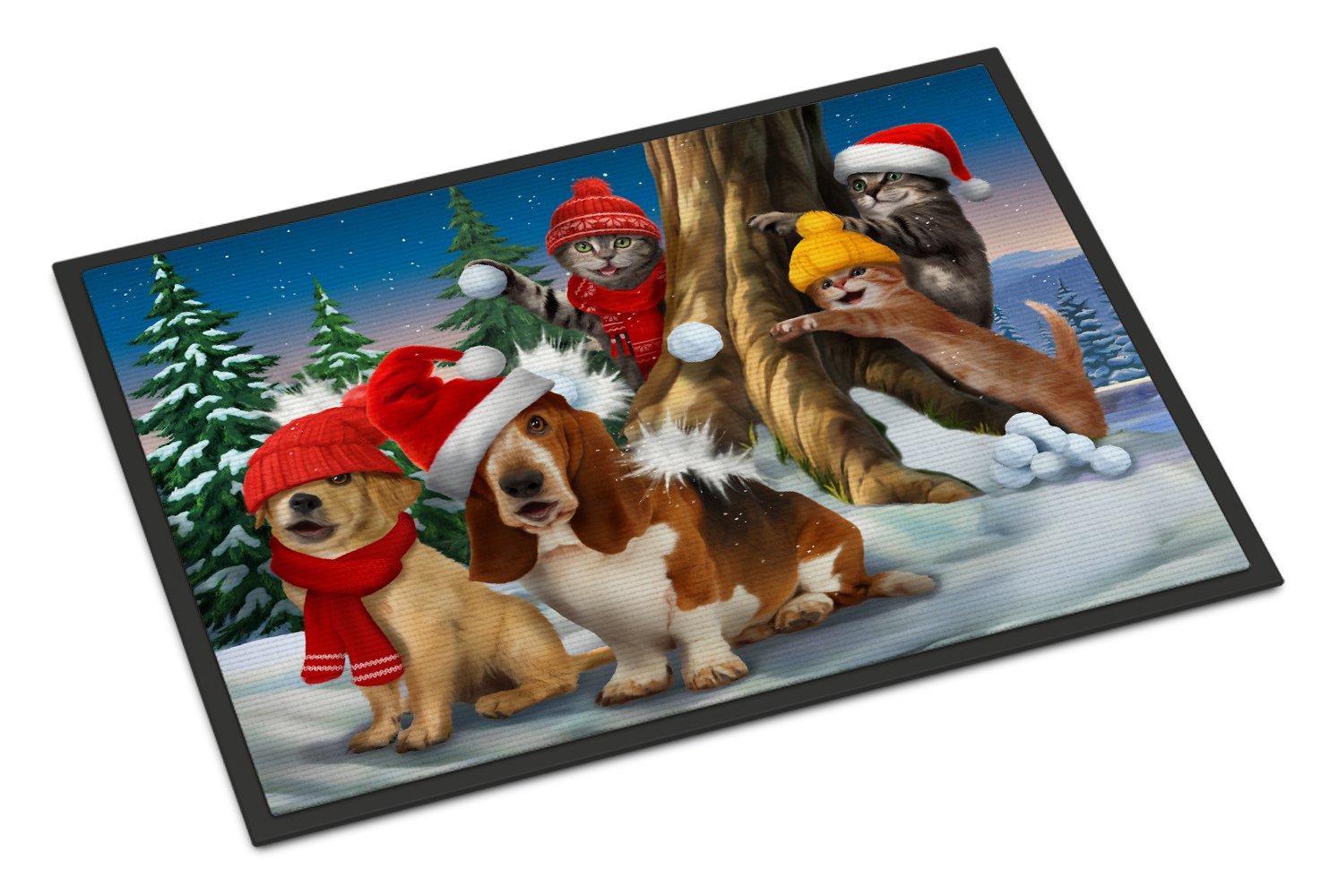 Basset, Golden and Cats Snowball Fight Indoor or Outdoor Mat 24x36 PTW2066JMAT by Caroline's Treasures