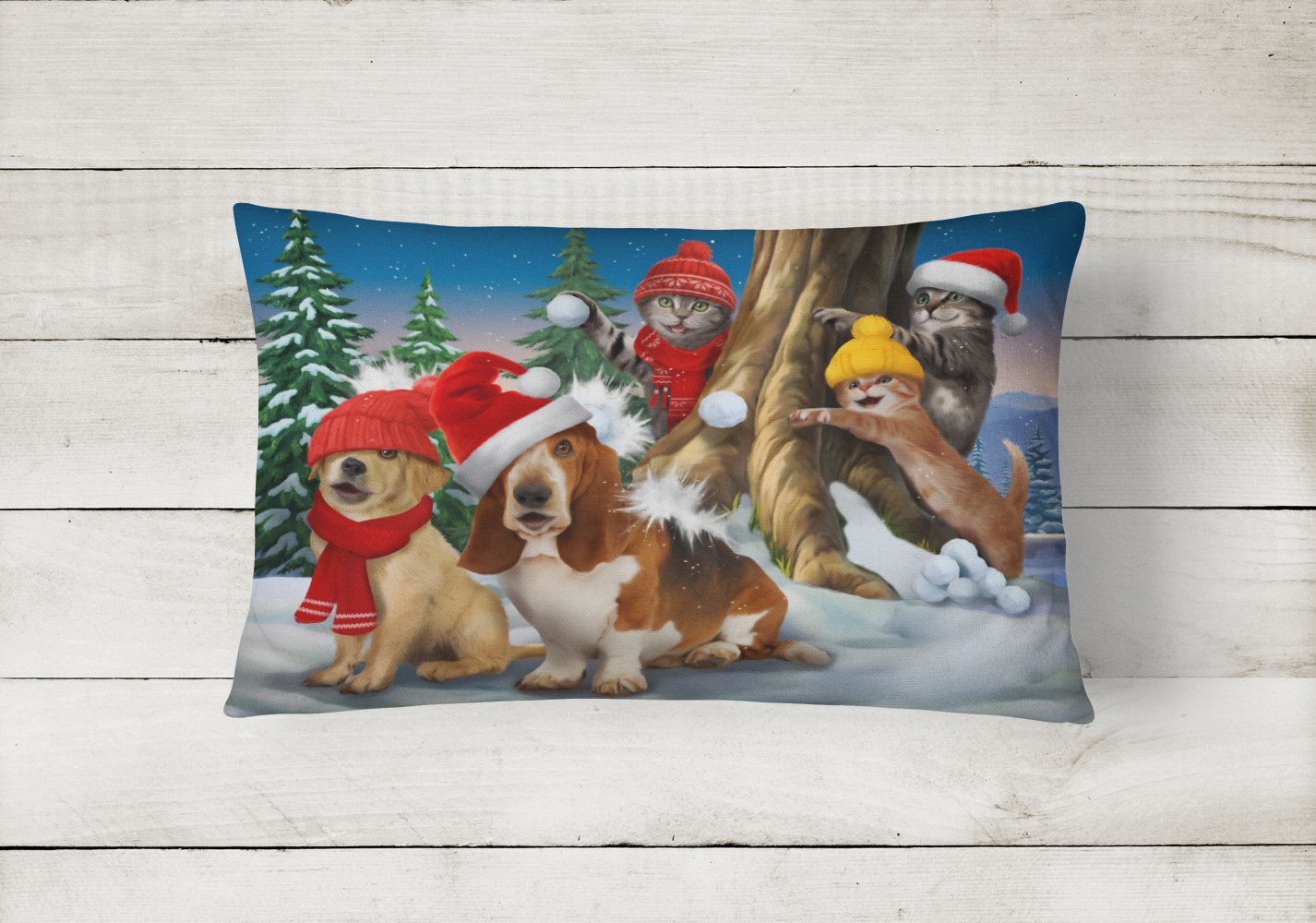 Basset, Golden and Cats Snowball Fight Canvas Fabric Decorative Pillow PTW2066PW1216 by Caroline's Treasures