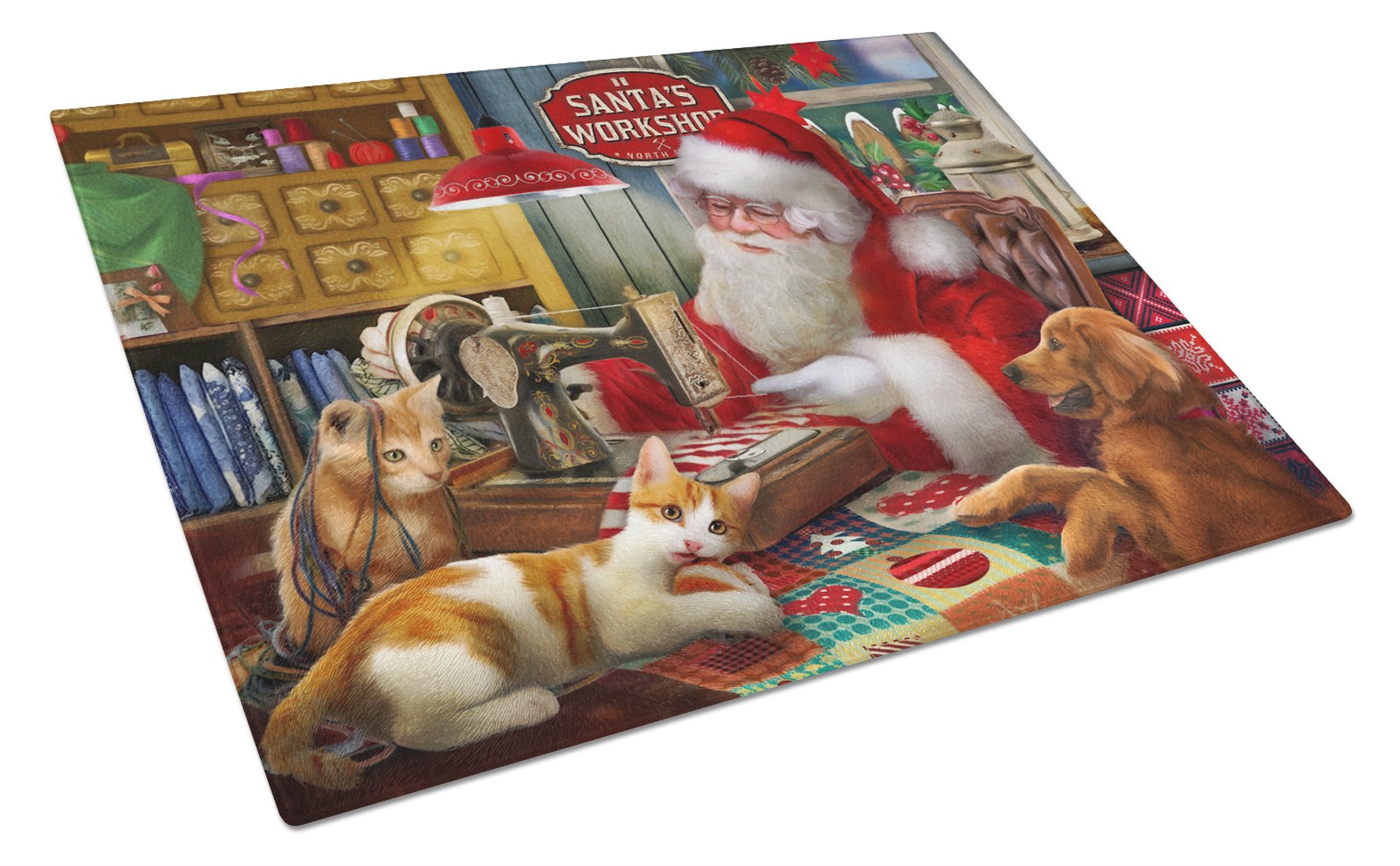 Santa's Workshop, Golden Retriever and Cats Glass Cutting Board Large PTW2067LCB by Caroline's Treasures