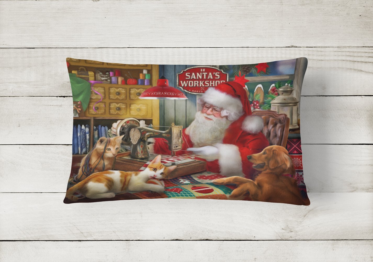 Santa's Workshop, Golden Retriever and Cats Canvas Fabric Decorative Pillow PTW2067PW1216 by Caroline's Treasures