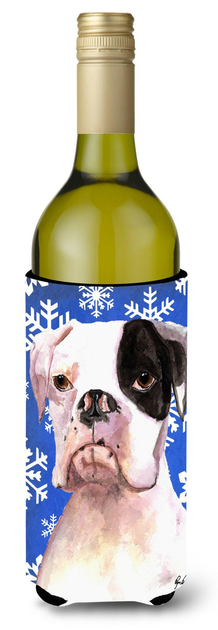 Cooper Winter Snowflakes Boxer Wine Bottle Beverage Insulator Beverage Insulator Hugger  RDR3003LITERK by Caroline&#39;s Treasures