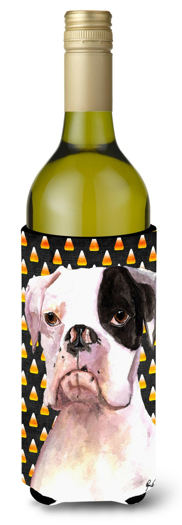 Cooper Candy Corn Boxer Halloween Wine Bottle Beverage Insulator Beverage Insulator Hugger  RDR3008LITERK by Caroline's Treasures