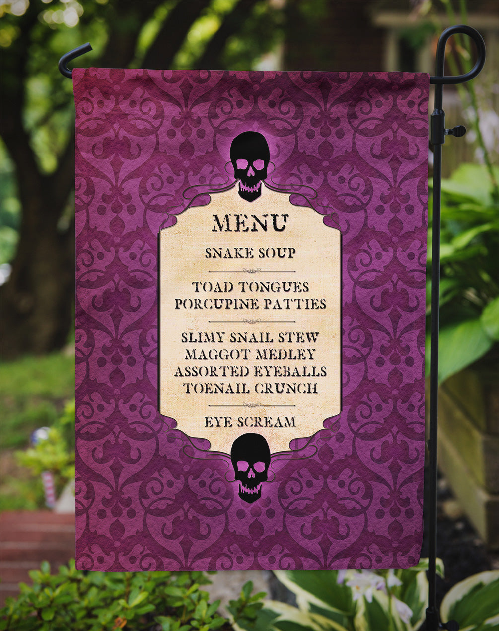 Goulish Menu including Eye Screen and Snake soup Halloween Flag Garden Size.