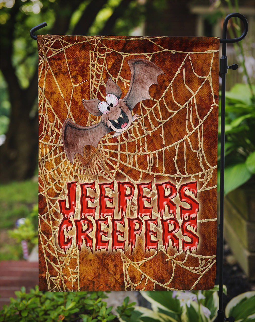 Jeepers Creepers with Bat and Spider web Halloween Flag Garden Size.