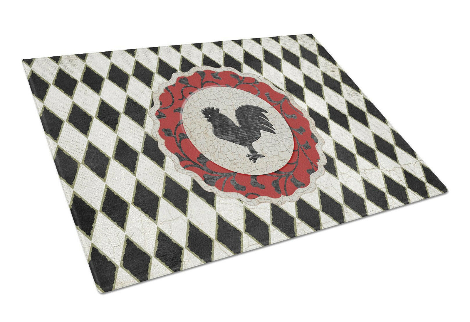Rooster Harlequin Black and white Glass Cutting Board Large Size SB3086LCB by Caroline's Treasures