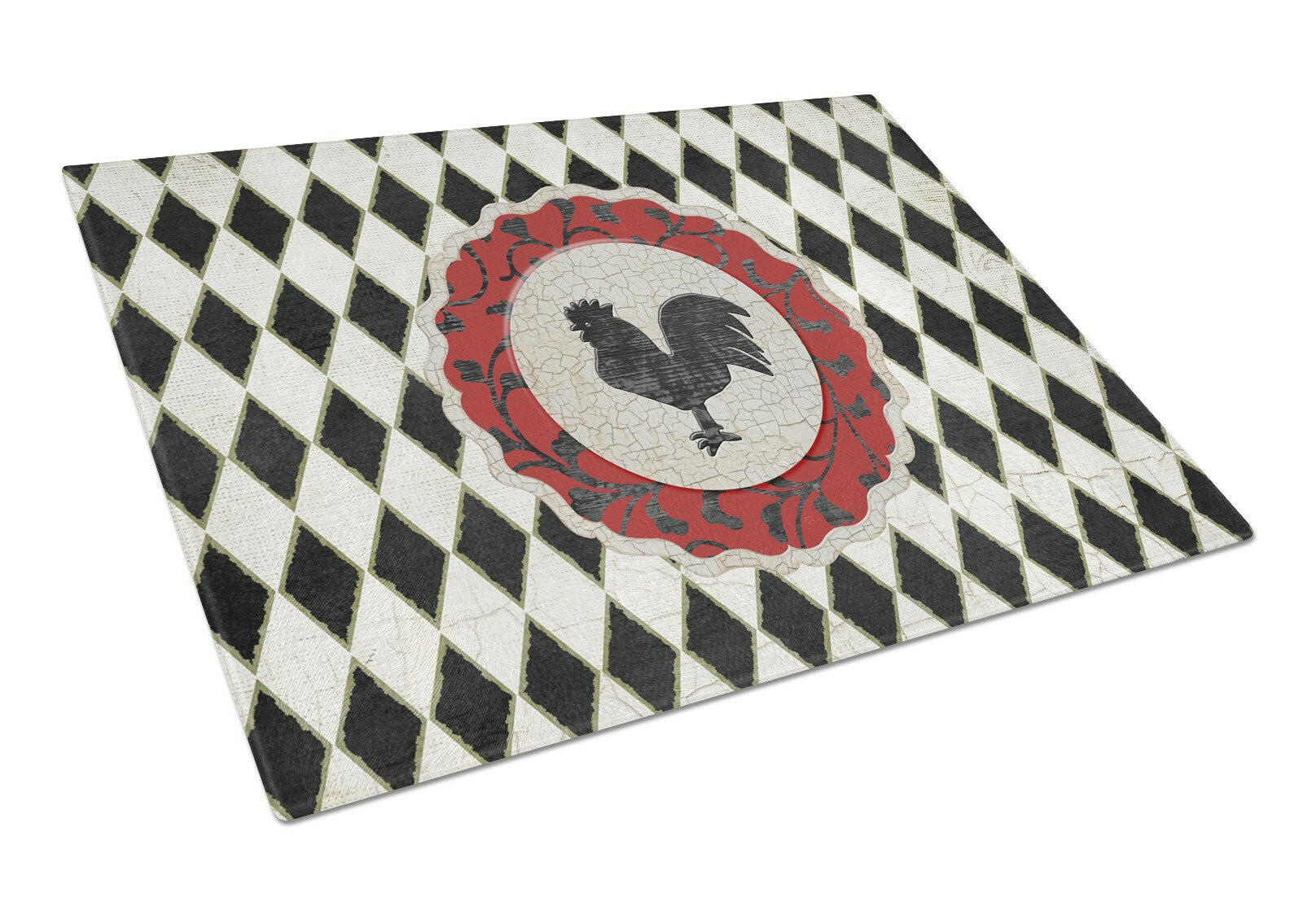 Rooster Harlequin Black and white Glass Cutting Board Large Size SB3086LCB by Caroline's Treasures
