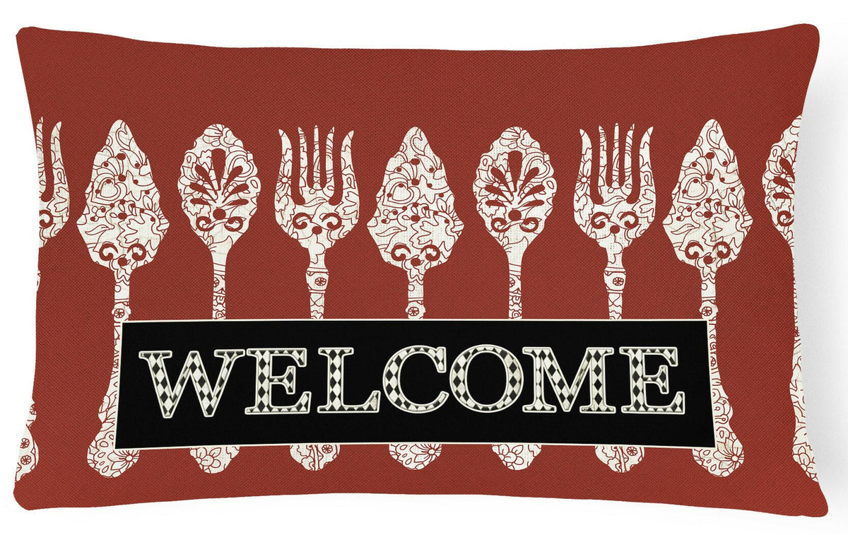 Serving Spoons Welcome   Canvas Fabric Decorative Pillow SB3090PW1216 by Caroline&#39;s Treasures