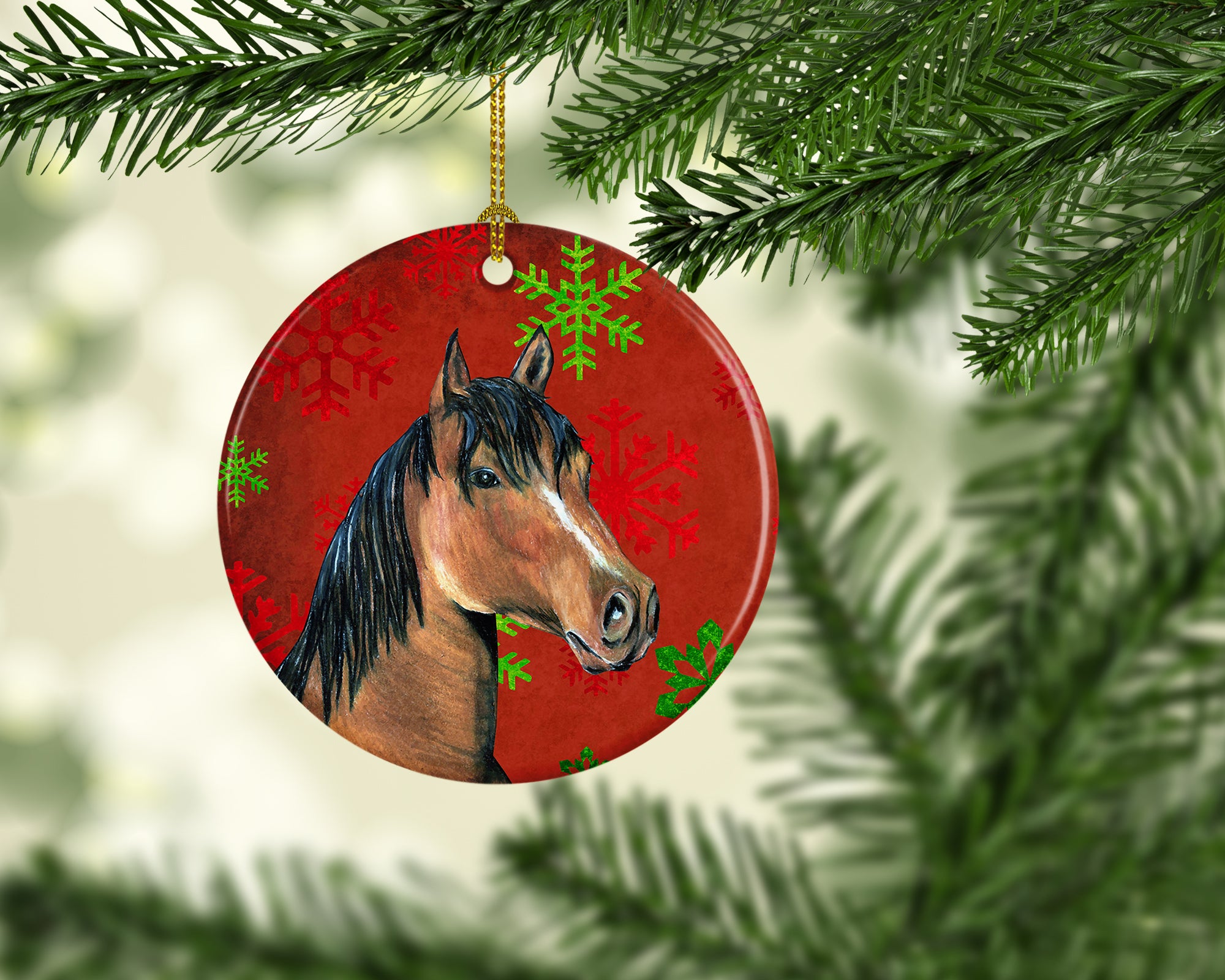 Horse Red Snowflakes Holiday Christmas Ceramic Ornament SB3124CO1 - the-store.com