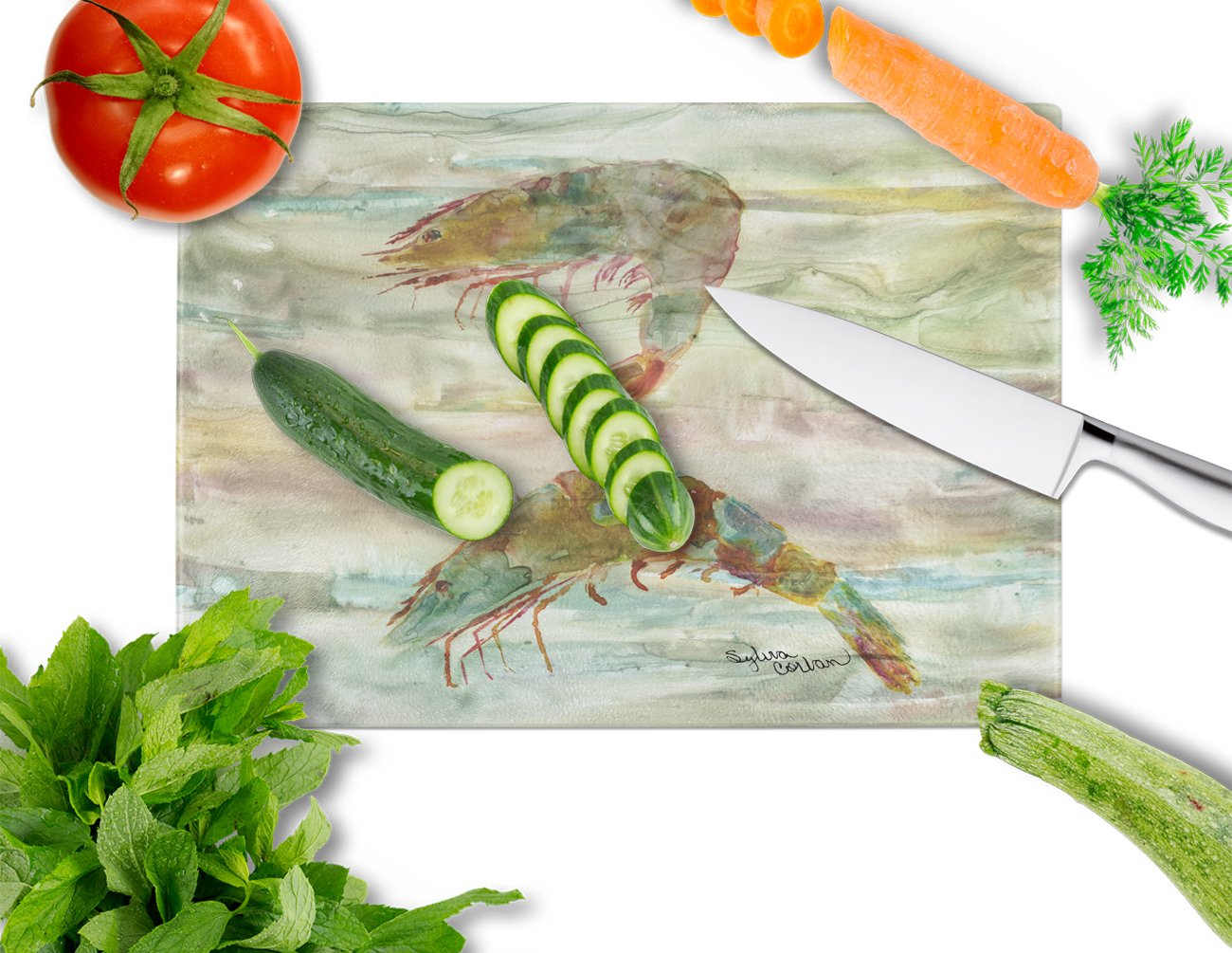 Shrimp Sunset Glass Cutting Board Large SC2014LCB by Caroline's Treasures