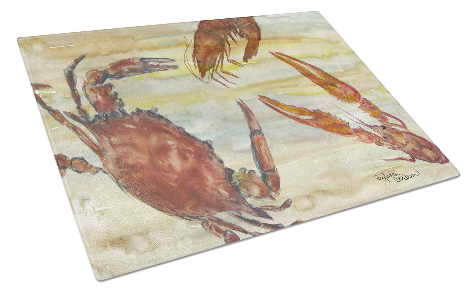 Crab, Shrimp, Oyster Yellow Sky Glass Cutting Board Large SC2023LCB by Caroline's Treasures