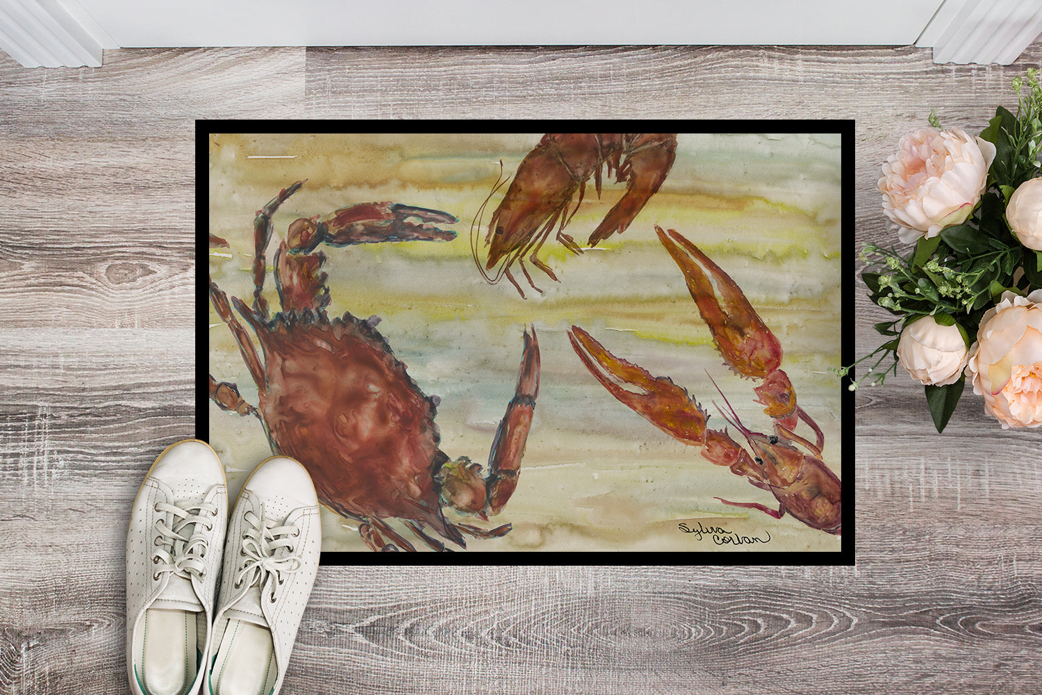 Crab, Shrimp, Oyster Yellow Sky Indoor or Outdoor Mat 18x27 SC2023MAT - the-store.com