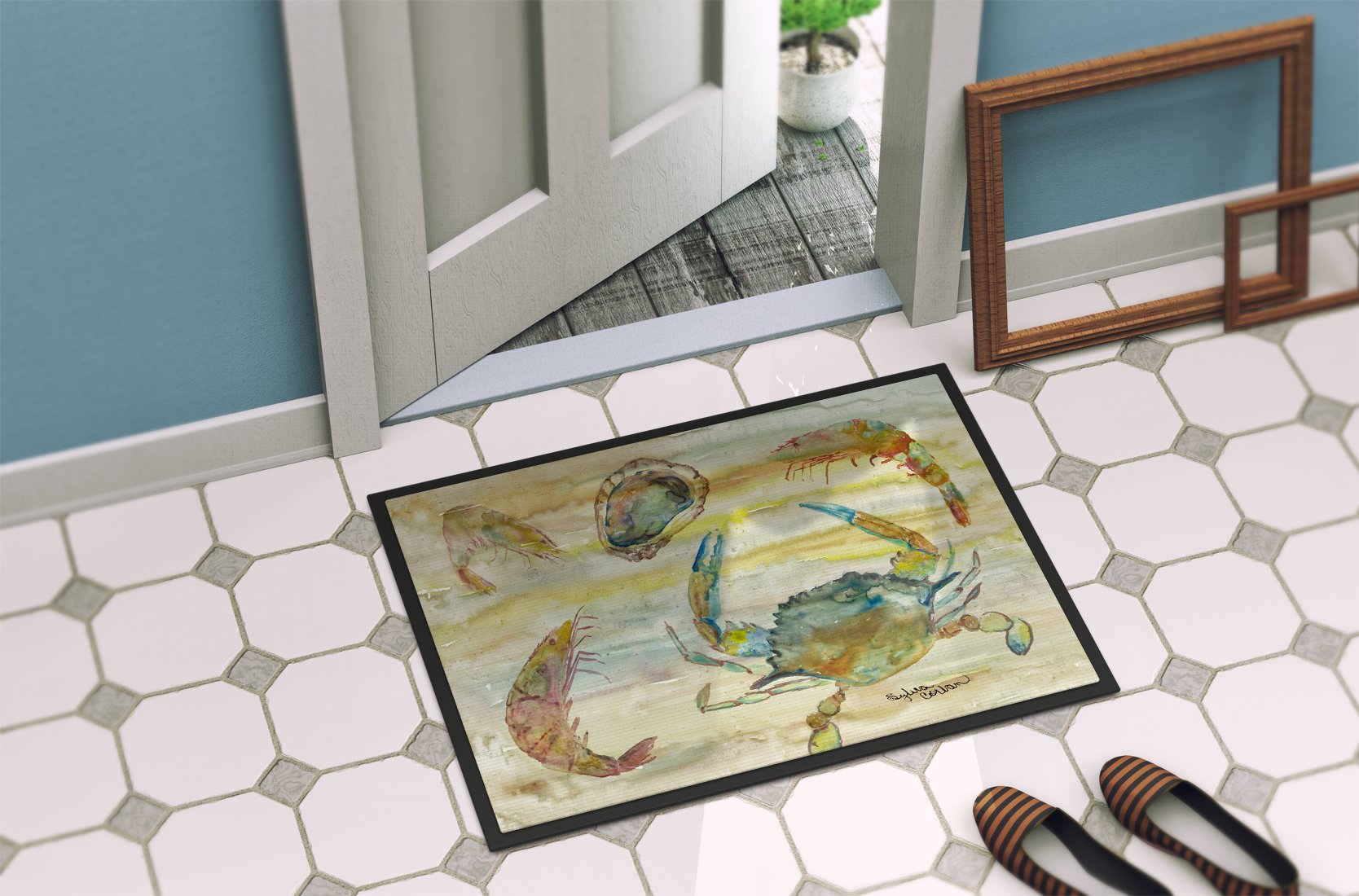 Crab, Shrimp, Oyster Yellow Sky Indoor or Outdoor Mat 24x36 SC2026JMAT by Caroline's Treasures