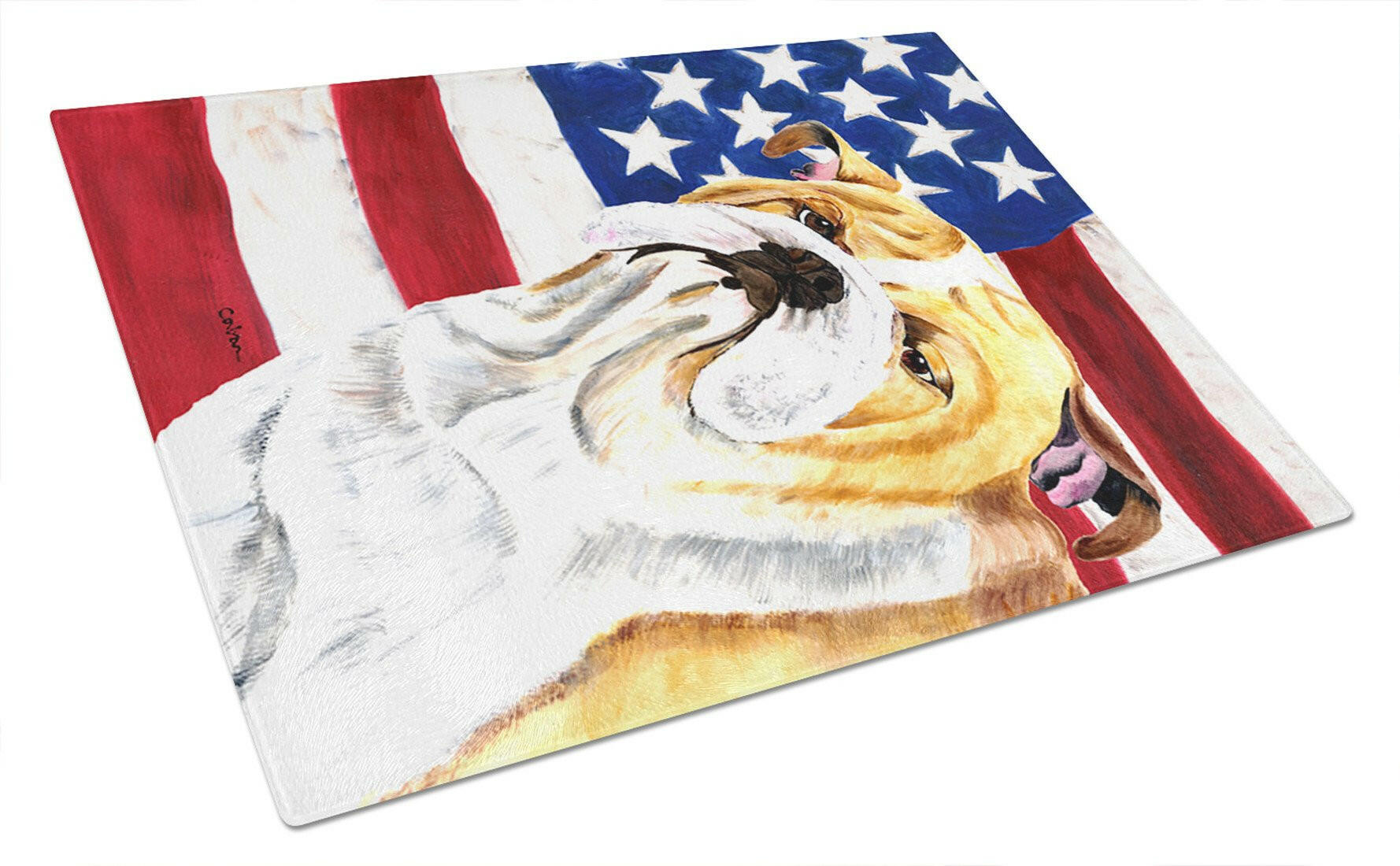 USA American Flag with Bulldog English Glass Cutting Board Large by Caroline's Treasures