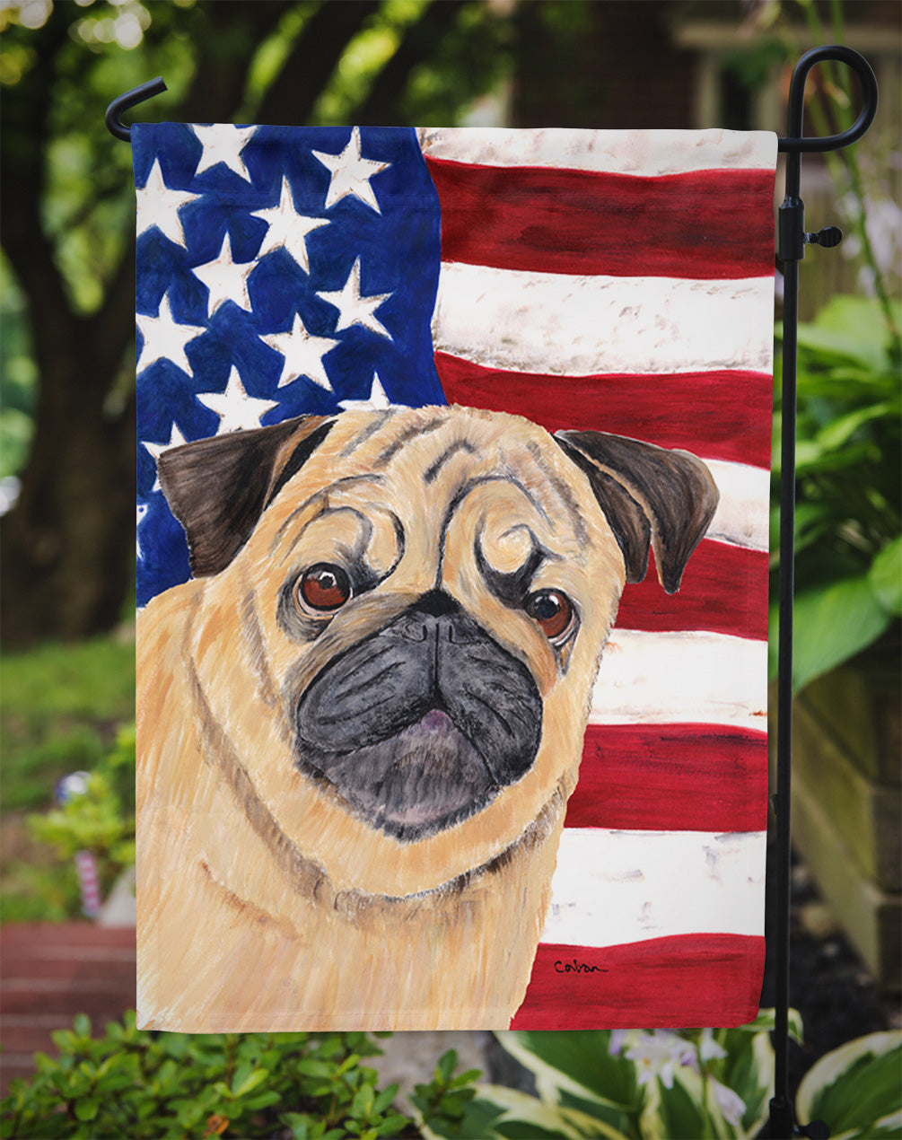 USA American Flag with Pug Flag Garden Size.