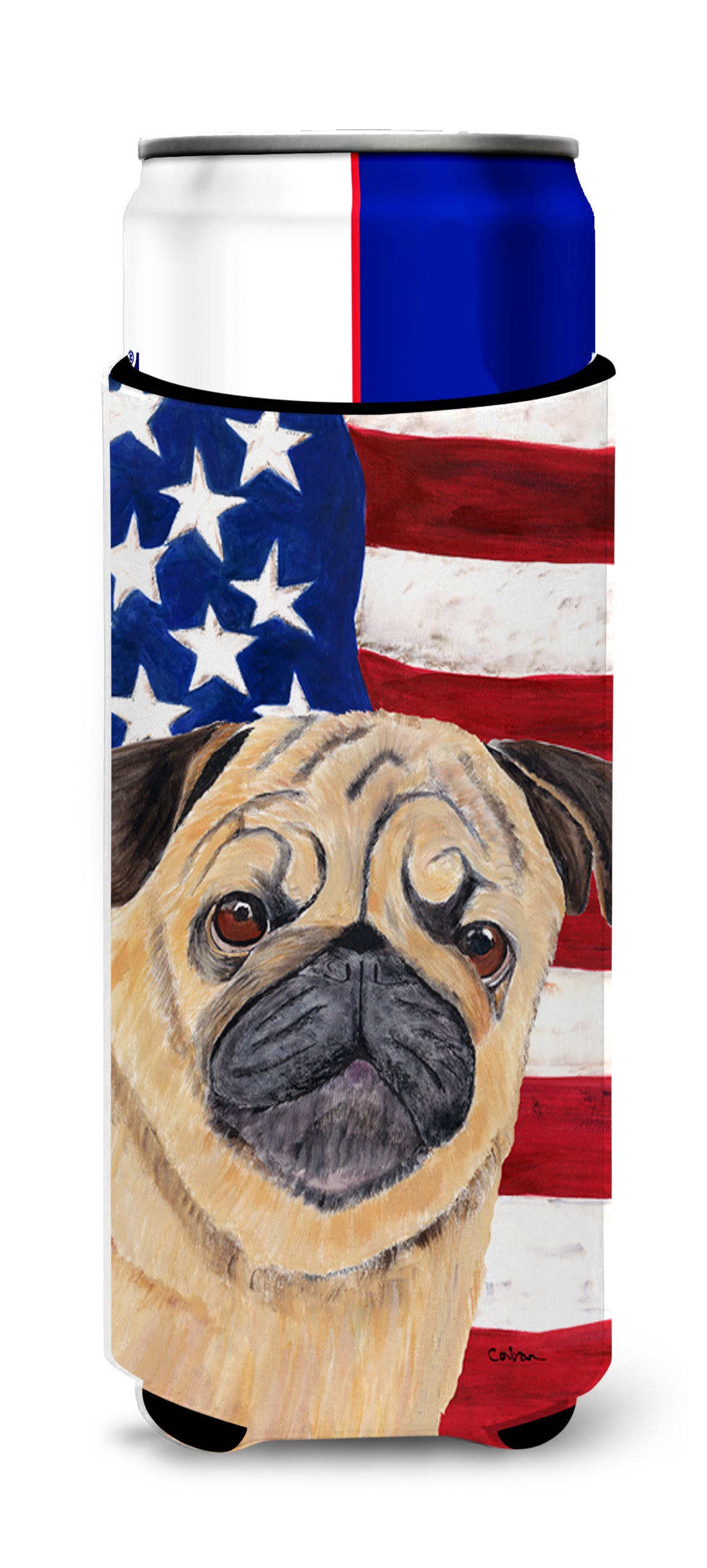 USA American Flag with Pug Ultra Beverage Insulators for slim cans SC9006MUK.